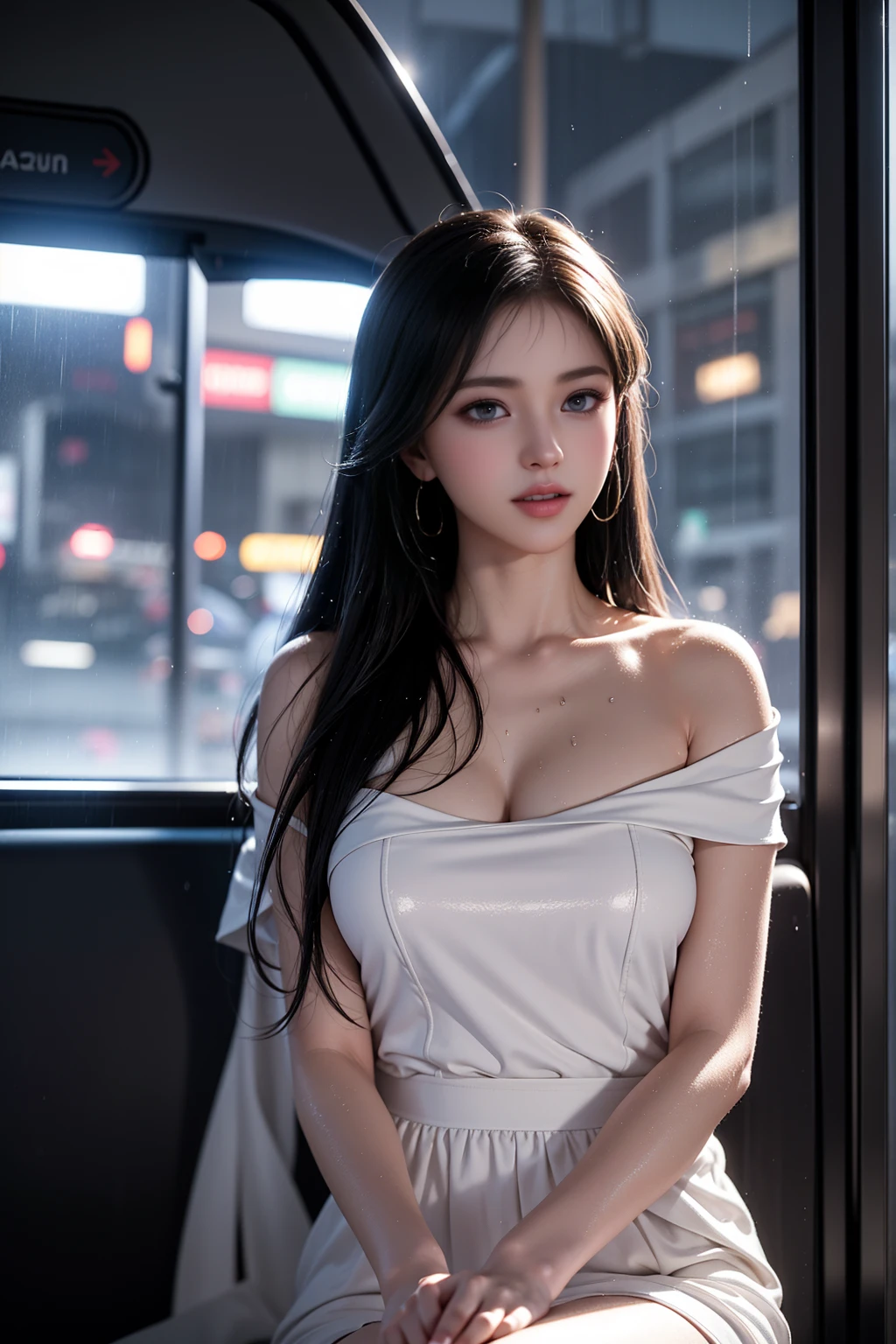 ((New York City Girl))、(RAW shooting, Photorealistic:1.5, 8K, Highest image quality, masterpiece, Ultra-high resolution), Perfect dynamic composition:1.2, Night Street Corner, Looking up at the sky:1.3, (((Heavy rain from a typhoon))), Highly detailed skin and face textures:1.2,( 雨にwetスリムな女性:1.3), Sexy beauty, Perfect Style:1.2, Aesthetic and beautiful, Fair skin, Very beautiful face, (Rain dripping all over my body:1. 2, wet髪:1.4, wet:1.2), Water droplets on the skin, (Medium sized breasts, Chest gap), (Shy laugh, The expression when feeling intense caressing, Facial expression when feeling pleasure), (Beautiful blue eyes, Beautiful erotic eyes:0.8), (Too erotic:0.9, Alluring:0.9),((wet白いブラウス))、((wet黒いタイトスカート)) Second bag, Perfect body, Perfect fingertips(Girl sitting on train seat)、Best quality work,Actual work,Ultra Premium Graphics,8K HD CG works,High quality graphics,High-definition CG works,10x pixels,Extremely fine detail:1.1,Advanced Technical Details:1.1 Photorealistic,Indoor lighting effects:1.5,Natural light:1.5. Light effects(virtual Light effects:1.8),(Golden white short hai(RAW shooting, Photorealistic:1.5, 8K, Highest,((Lift-up skirt)),((Black panties are visible)),