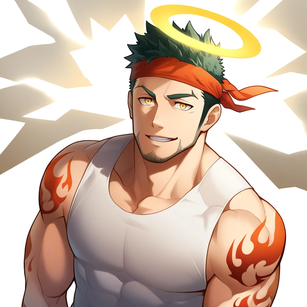 anime characters:Gyee, priapus, ung muscular man, male focus, Flame tattoo, sports Red headband, Creamy white spandex tight tank top, muscular male, muscular, only, Upper body, alone, Black short hair, Thick eyebrows, stubble, Yellow eyes, White background, simple background, amazing quality, best aesthetics, Ridiculous, bright pupils, crew cut, naughty face, torogao, parted lips, halo, god rays, best quality