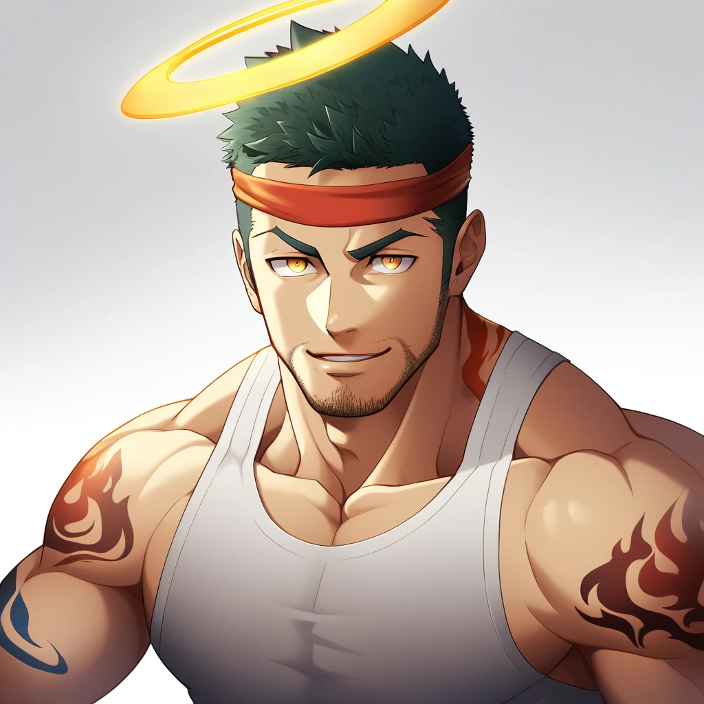 anime characters：Gyee, priapus, 1 young muscular man, male focus, Flame tattoo, sports Red headband, Creamy white spandex tight tank top, muscular male, muscular, only, Upper body, alone, Black short hair, Thick eyebrows, stubble, Yellow eyes, White background, simple background, amazing quality, best aesthetics, Ridiculous, bright pupils, crew cut, naughty face, torogao, parted lips, halo, god rays, best quality