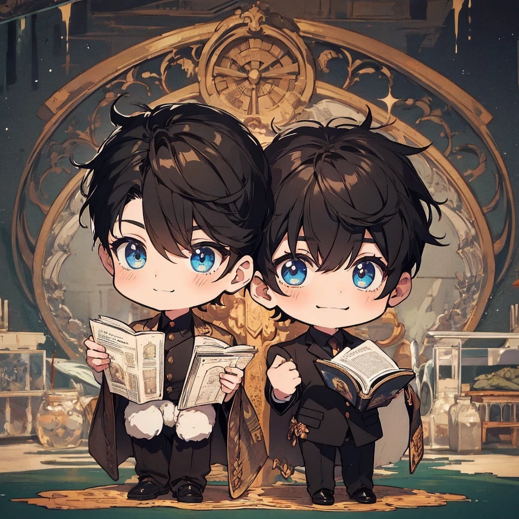 masterpiece , best quality , man , reading , chibi anime man , smile , black hair , suit