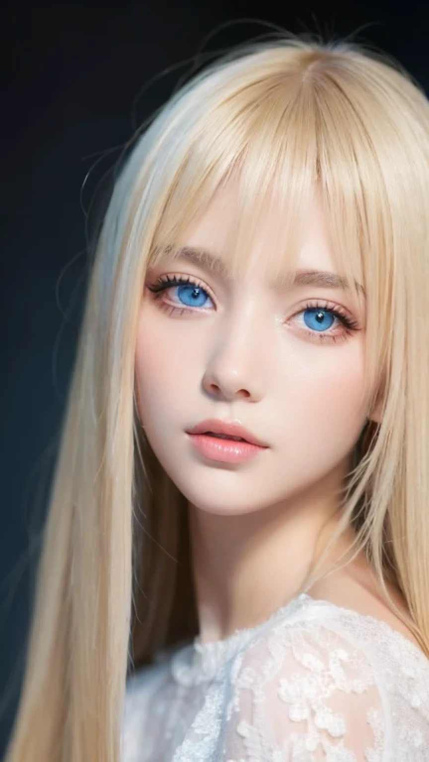 Highest quality、masterpiece、(Realistic:1.4)、One very beautiful blonde girl、Dazzlingly long, super long straight silky platinum blonde、Bangs between the eyes、bangs on the face、Big, very bright light blue eyes that shine so beautifully、Very big eyes、front、Detailed face、Beautiful Eyes、Very white and bright, beautiful skin、Small Face Beauty、14 year old beautiful girl、Cheek gloss highlighter、Round face