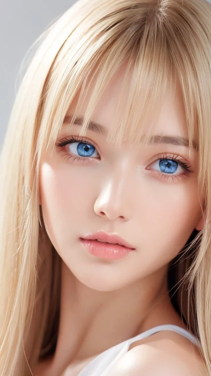 Highest quality、masterpiece、(Realistic:1.4)、One very beautiful blonde girl、Dazzlingly long, super long straight silky platinum blonde、Bangs between the eyes、bangs on the face、Big, very bright light blue eyes that shine so beautifully、Very big eyes、front、Detailed face、Beautiful Eyes、Very white and bright, beautiful skin、Small Face Beauty、14 year old beautiful girl、Cheek gloss highlighter、Round face