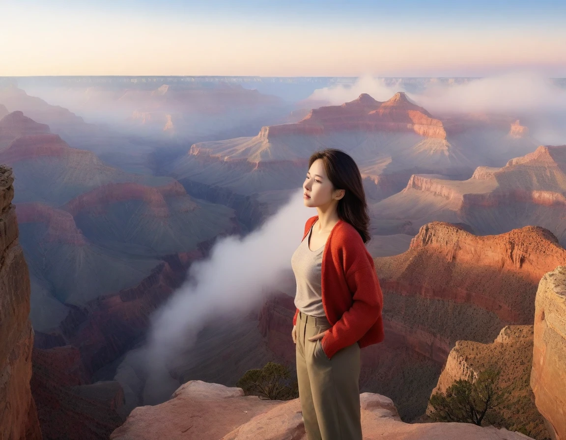 k Best picture quality, Beautiful 36-year-old Korean woman, short and good weather. Chest size 34 inches, View of the Grand Canyon Canyon in Colorado, USA ,A red-colored sunrise with thick fog, Back background realistic and vivid image quality, Short and medium hair blowing in the wind, Wearing comfortable travel clothes, casual pants and a cardigan., Faint smile. The background is clear, Short and slim Korean woman, Standing in the distance, photographed with a wide-angle lens, full body shot