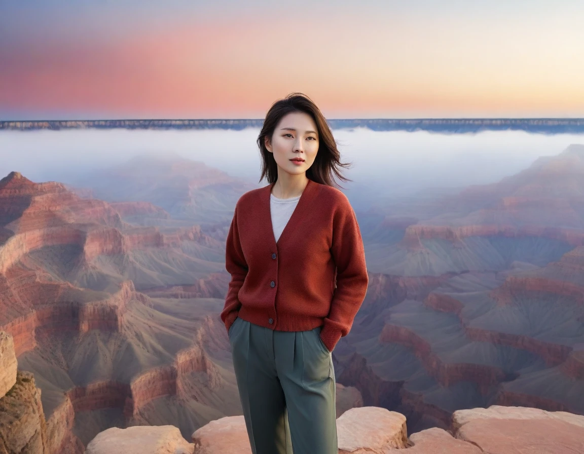 k Best picture quality, Beautiful 36-year-old Korean woman, short and good weather. Chest size 34 inches, View of the Grand Canyon Canyon in Colorado, USA ,A red-colored sunrise with thick fog, Back background realistic and vivid image quality, Short and medium hair blowing in the wind, Wearing comfortable travel clothes, casual pants and a cardigan., Faint smile. The background is clear, Short and slim Korean woman, Standing in the distance, photographed with a wide-angle lens, full body shot
