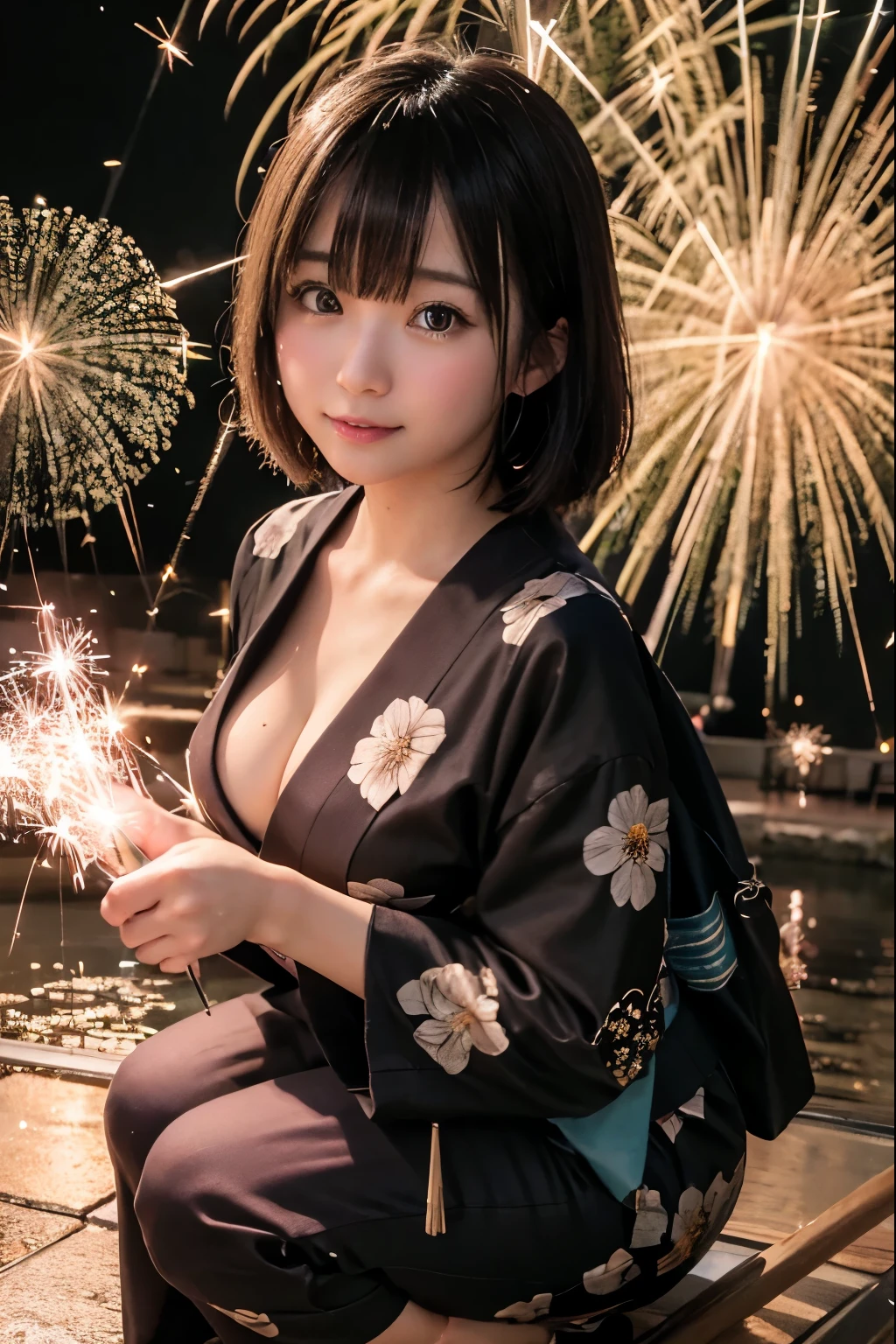 Perfectly Anatomically Correct:1.2, 5 Beautiful finger:1.2, 
1 Japanese Girl, Very Short Bob Cut:1.2, Wide-Set Eyes, Very White Skinned, Blush, Bashfully, 16-Year-Old, Open Mouse Slightly, 
Cute Eyes, Brown Hair, Wet Hair, Cheerful, Light Smiling, 
(Pointing Japanese Sparklers Below:1.6), 
Squatting, Japanese Clothes, Kimono, Yukata, 
Non-Nipple:1.2, 
Looking Up Viewer:1.2, 
Twilight, Irrigation Canal, Paddy Field, Water Reflection, 
 BREAK 
8K, RAW Photo, Best Quality, Masterpiece, Realistic, PhotoRealistic, Extremely Detailed 8K Wallpaper, Beautifully Detailed Eyes, Finely Detailed Face, POV Shot, 
 BREAK 
High-Key Lighting, Professional Lighting, Bokeh:1.2