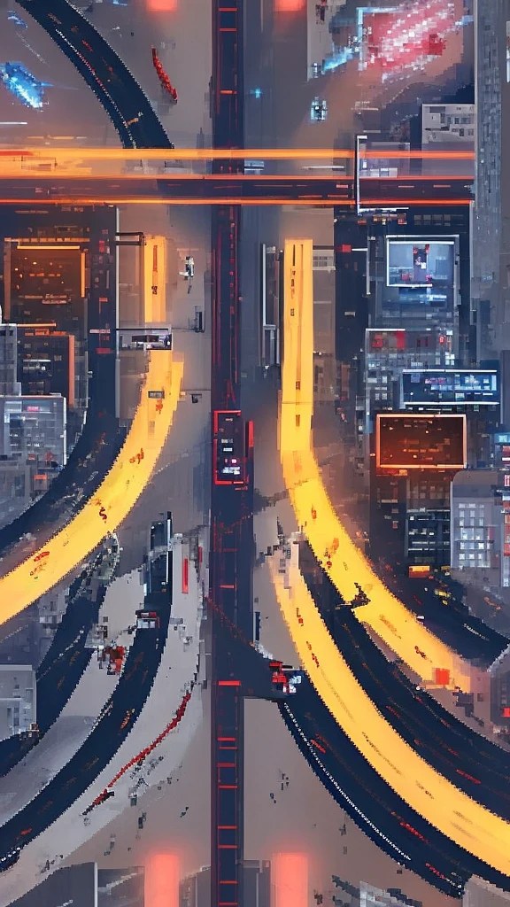 Straight road running through the center of the city, game concept, game map, pixel, pixel art, (straight road:1.2), paved road, detailed, vertical, bird's eye view, modern city, modern buildings, post-apocalypse, front projection