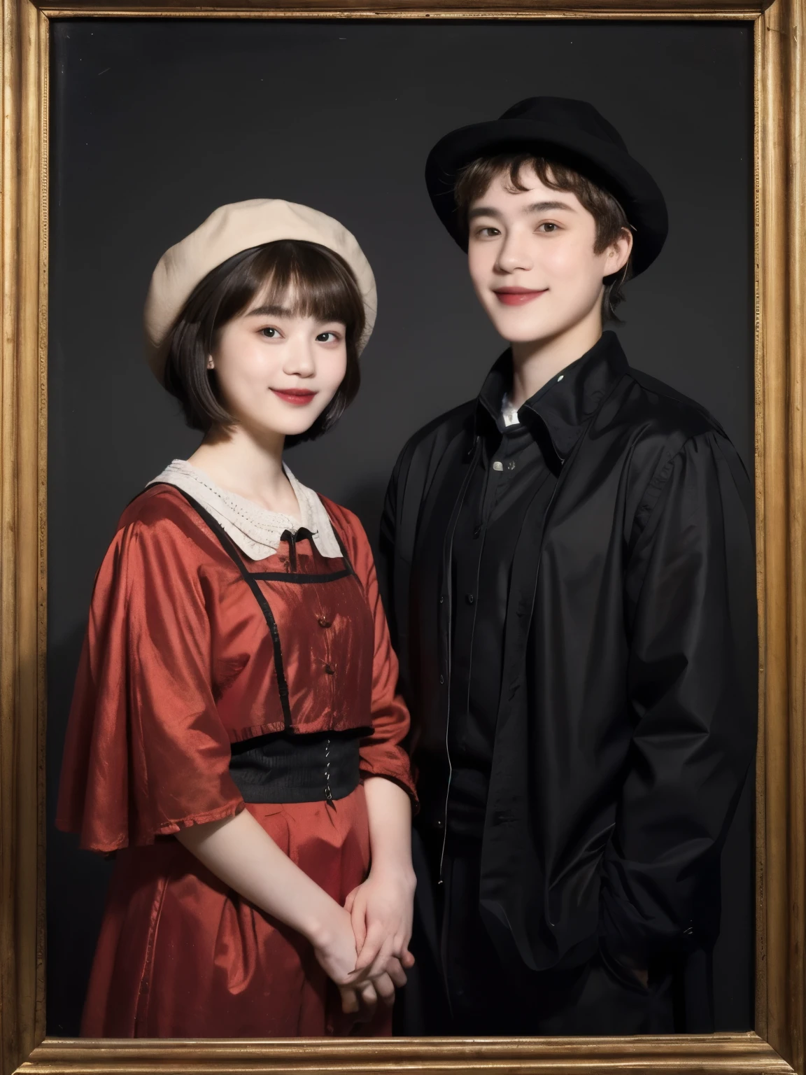 252 (An 18-year-old female and an 18-year-old male), (short hair),kind, lipstick, (Rembrandt-style painting), smile
