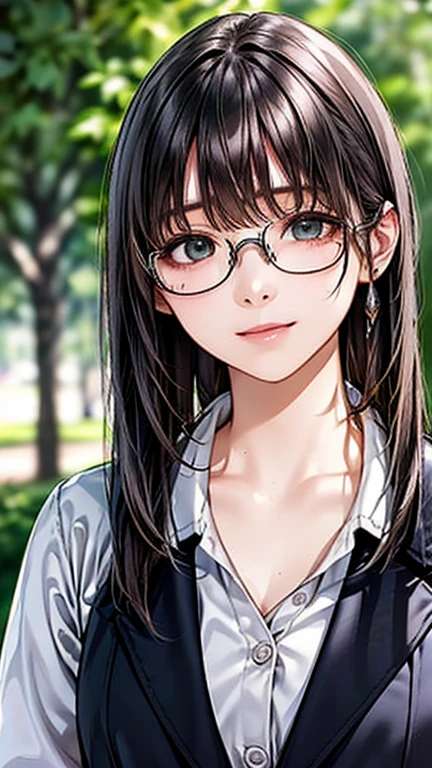 (Browsing Caution:1.2), (8K, RAW Photos, Best image quality, masterpiece: 1.4), (Highly detailed CG Unity 8K wallpaper, Highest quality, High resolution: 1.2), (Ultra_Familiar, 超High resolution: 1.2), super highly Familiar, (Realistic, Realistic: 1.48), 1 Girl, Focus Only, Side Lock, bangs, ((Dark green eyes:1.4, Round eyes, Beautiful eyelashes)), Clear Eyes,Mid-chest,Shiny Hair, beautiful Familiar cold face,Captivating smile, Beautiful and delicate eyes with exquisite detail,Extremely accurate details,Skin dents,Outdoor,Perfect Face,Perfect body, Beautiful Eyes, Beautiful Face,(Portraiture:1.5),Beautiful clavicle,Upward glance,Very cute woman, ((The action of combing hair:1.3))、Black Hair、Long Hair、OL、Office Wear、Business Casual、shirt、skirt、pants suit、blazer、all、accessories、Glasses、Hairstyle、make、Professional、confidence、Grace、efficiency、liability、Loyalty to the organization