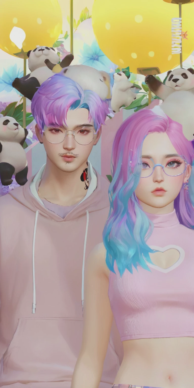 there are two people with colorful hair and panda bears behind them, inspired by Sim Sa-jeong, realism , kawaii realistic portrait, realistic, aesthetic!!!!!!!!!!, kda and sam yang, pastel goth aesthetic, the sims 4 texture, in the style of guweiz, aesthetic!!!!, hyperrealistic aesthetic, very aesthetic!!!!!!