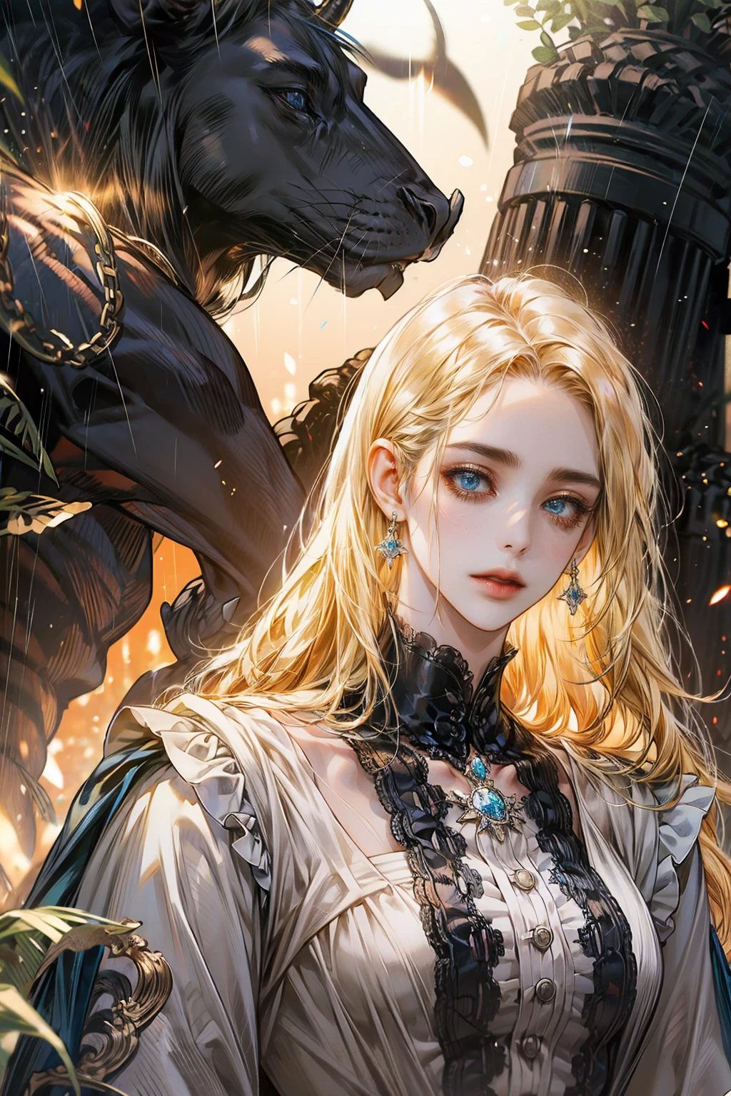 8k, Complex, elegant, Highly detailed, majestic, digital photography, surreal painting, defeat magic, Sinuous Lightning, (Masterpiece, Side light, fine and beautiful eyes: 1.2), HDR, (bright blue eyes)), Naked upper body, (bright tattoo), Chico handsome, cana, musculature, black skin, demon horn, Raining, handsome, in front of the camera, Masterpiece