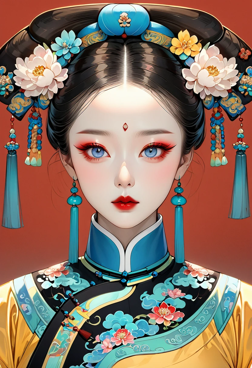 Makeup for Qing Dynasty Palace Drama，Thick coating of the board，Colored pencils，Procreate board drawing beautiful digital art，Clean lines，Beautiful Imperial Concubine of the Qing Dynasty，Bright Eyes，Exquisite facial features，(((Qing Dynasty Gaoqitou，Flowers)))，symmetry，Qing Dynasty Clothing，Bright colors，High Saturation，Solid red background