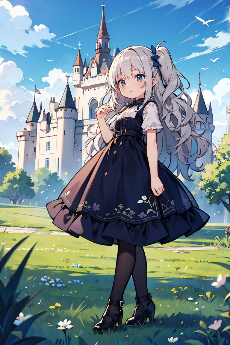 solo, girls, (one side up, wavy long hair:1.58), black high neck clothes and blue camisole dress in layers, high heels, white thighhigh, background with((castle, ireland, meadow, grass, old house, log cabin, fort, sky, blue sky, beautiful sky))