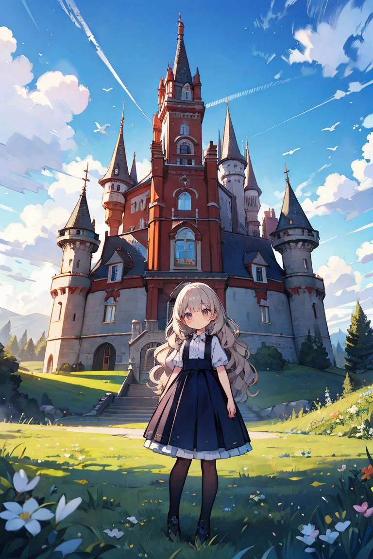 solo, girls, (one side up, wavy long hair:1.58), black high neck clothes and blue camisole dress in layers, high heels, white thighhigh, background with((castle, ireland, meadow, grass, old house, log cabin, fort, sky, blue sky, beautiful sky))