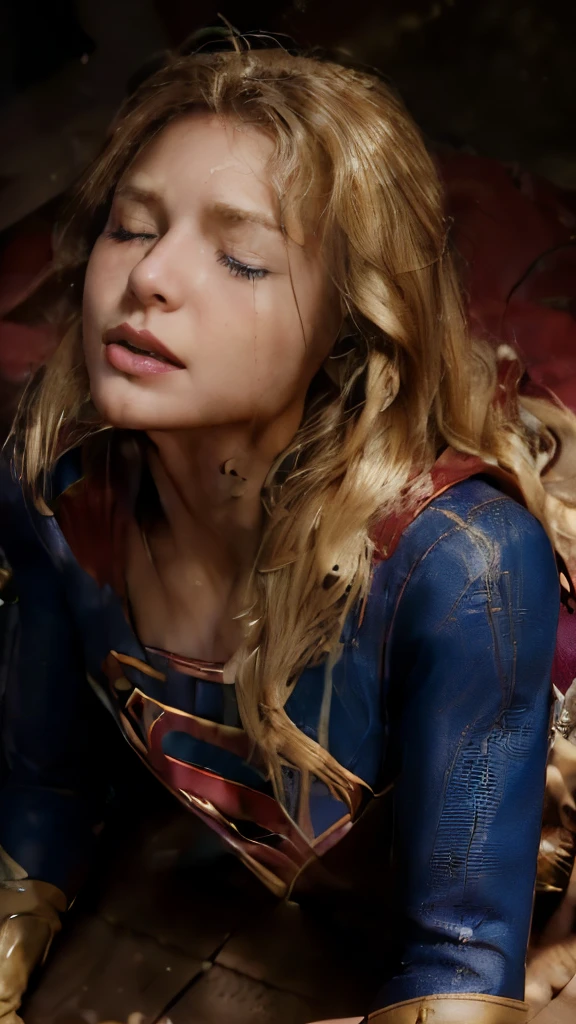 (perfect anatomy, anatomically correct, super detailed skin))), 1 woman, ((super girl suit, Supergirl Mellissa Benoist)), from front, shiny skin, detailed hair, detailed face, detailed eyes, (long hair:1.5, blonde hair:1.7), natural bangs:1.4, beautiful body, normal breasts, beautiful thighs, beautiful legs, camel toe, ((detailed cloth texture, red skirt:1.8, boots:1.4)), (lying on back:1.9), ((close eyes:1.6)), (unconsciousness:1.9), (painful), (defeated from fighting), wound, laying in the underground cave, ((whole body:1.8)), (8k, top quality, masterpiece​:1.2, extremely detailed), (realistic, photorealistic:1.4), beautiful illustration, dim lighting, 