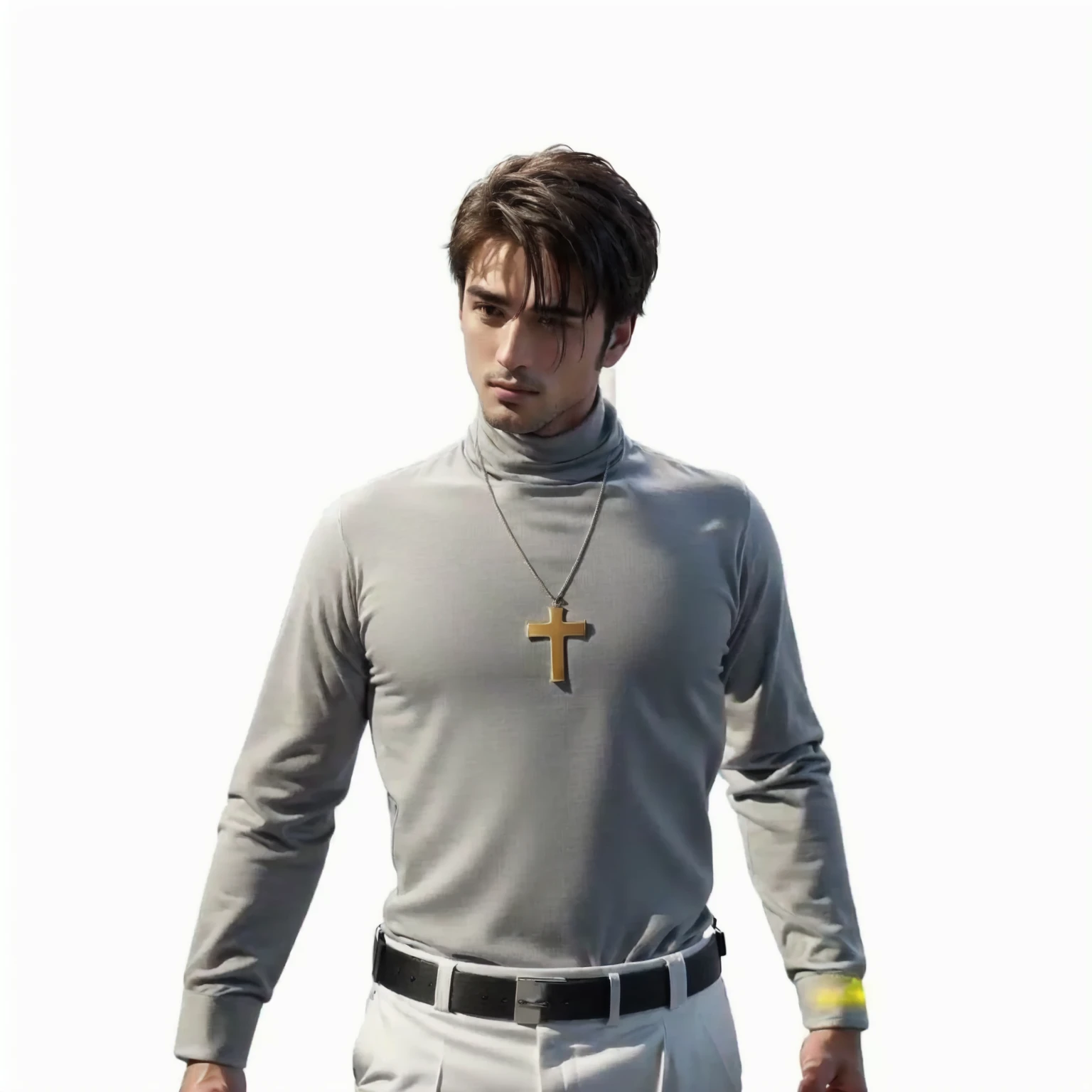 realistic, arafed man in a gray shirt and white pants with a cross on his chest, in white turtleneck shirt, with prison clothing, wearing turtleneck, professor clothes, realistic