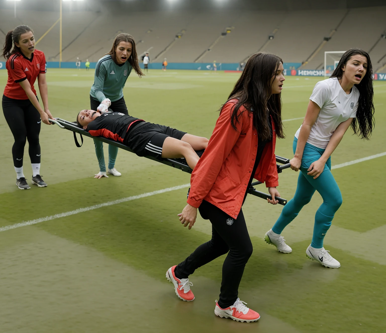a soccer scene in a sports stadium, cool and wet weather conditions, humide ground, rainy sky, injury scene in a sports stadium, stretcher carry, there are four female medics carrying a stretcher, there are four female medics in very shiny coats who are carrying a stretcher in a sports stadium, there is a wounded male soccer player in a matte short cotton sports outfit lying on the stretcher, an injured male soccer player in matte cotton sportswear is lying in pain on a stretcher, a soccer player in matte cotton sports clothes is rearing up in intense pain while lying on a stretcher, dramatic scene, theatralic posing scene, dramatic pity scene, injury soccer, first aid, help, pity, there are four female medics in wetlook high-shine coats who are looking very sad and very terrified and very shocked, the injured soccer player is screaming out in pain while he is carried from the pitch on a stretcher
