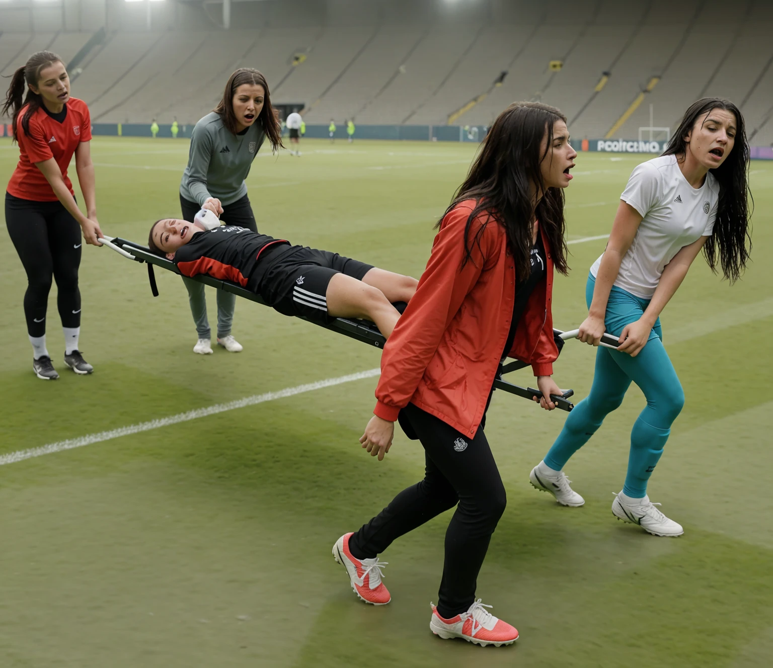 a soccer scene in a sports stadium, cool and wet weather conditions, humide ground, rainy sky, injury scene in a sports stadium, stretcher carry, there are four female medics carrying a stretcher, there are four female medics in very shiny coats who are carrying a stretcher in a sports stadium, there is a wounded male soccer player in a matte short cotton sports outfit lying on the stretcher, an injured male soccer player in matte cotton sportswear is lying in pain on a stretcher, a soccer player in matte cotton sports clothes is rearing up in intense pain while lying on a stretcher, dramatic scene, theatralic posing scene, dramatic pity scene, injury soccer, first aid, help, pity, there are four female medics in wetlook high-shine coats who are looking very sad and very terrified and very shocked, the injured soccer player is screaming out in pain while he is carried from the pitch on a stretcher