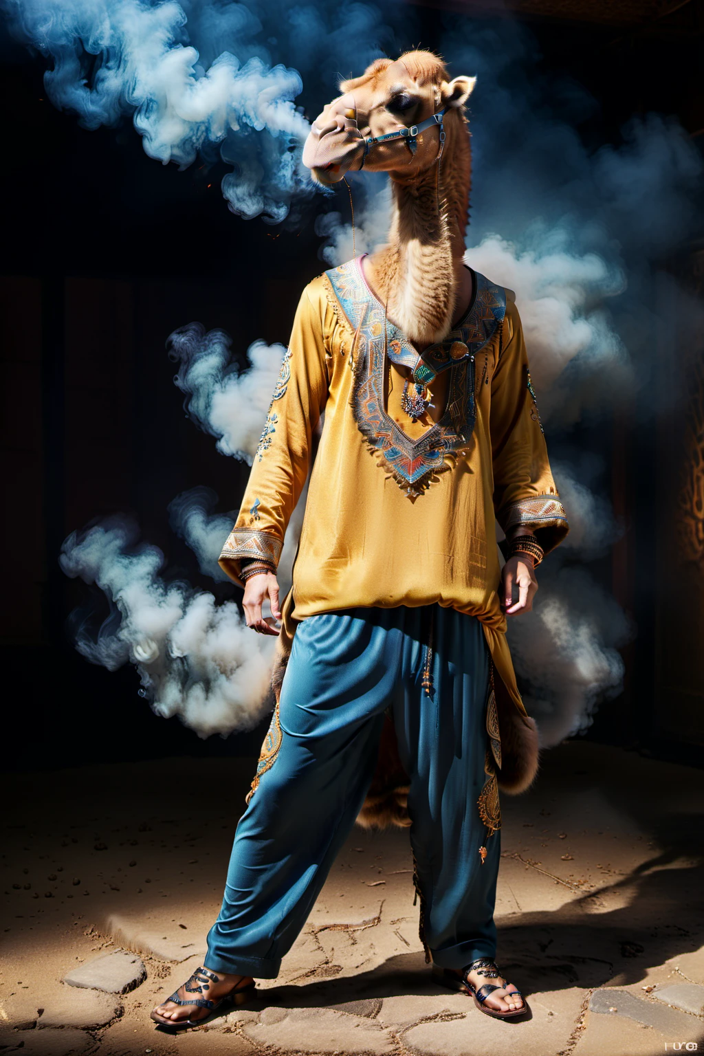 Full body image Lots of flashy embroidery and tattoos。The costumes are deep and colorful, in Arabic style.。Dark earth tones。Wide pants, flashy shoes, wide open mouth, hands holding head, one anthropomorphic camel, dark background、Light in the Smoke Dark Background、Only a mysterious blue light and smoke. An anthropomorphic camel with its mouth wide open and its head held in both hands. Create a card game design.。The design is on the edge、キャラクターが隠れないように中央から8割くらいのスペースPlease。The atmosphere is dark``````Please。(Masterpiece, Highest quality, high detail, Ultra-realistic: 1.2), Anthropomorphic animals, Full body portrait, Standing pose, City Settings, indoor, (High-end fashion: 1.3), (Photorealistic: 1.4), Cinematic lighting, 8K UHD, Professional photography, Fashion magazine style, (Center composition: 1.2), sight, Animal anthropomorphism, (detailed fur texture: 1.3), Expressive eyes, Designer clothing, Luxury Brands, (Perfect tailoring: 1. 2)、High Fashion Accessorieoody atmosphere、Dramatic Shadows、Contrasting lighting、Depth of written boundary、Film Grain、Color Grading、(Background blur:1.1)、Interior details、Elements of modern architecture can be seen、(Color Palette:1. 3)、(Calm earth colors: 1.2)、(Rich Brown: 1.1)、(Deep Gray: 1.1)、(subtle gold accents: 1.0)、(warm color: 1.1)、(Color harmony: 1.2)、(Soft diffused lighting: 1.2)、(Rim lighting: 1.1)、(Volumetric lighting: 1.0)、(surrounding environment