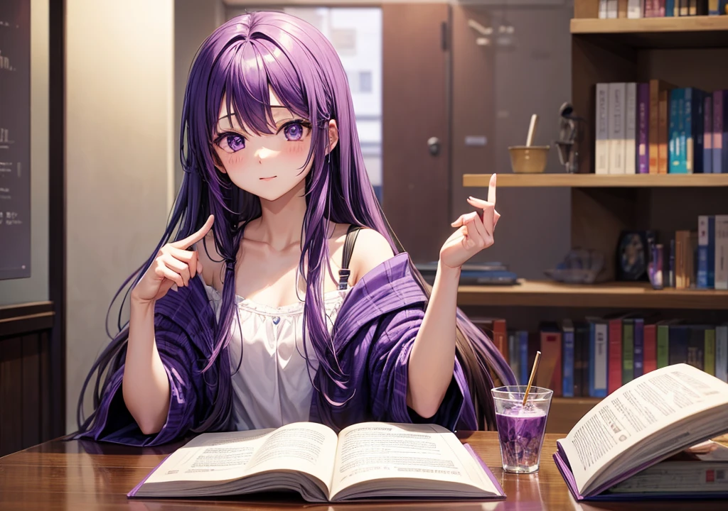 One Girl、Purple Hair、Long Hair、studying、one's home、Horizontal position、night、Anime illustration