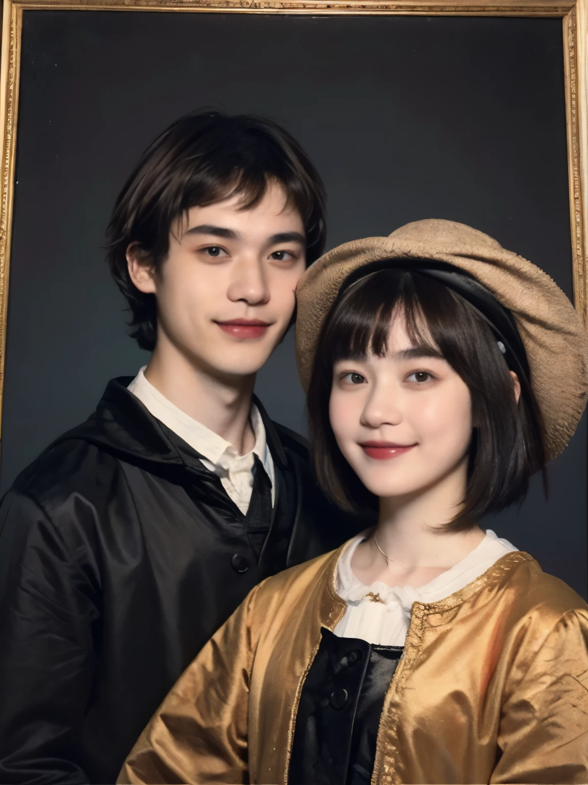 252 (An 18-year-old female and an 18-year-old male), (short hair),kind, lipstick, (Rembrandt-style painting), smile