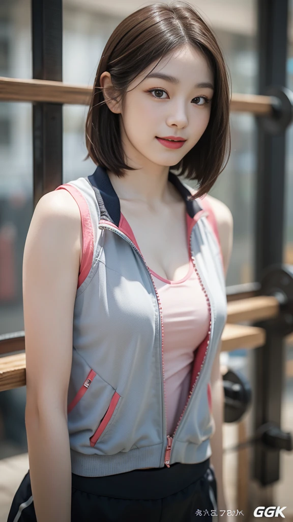 Highly detailed CG unity 8k wallpaper, of the highest quality, Super detailed, masutepiece, Realistic, photographrealistic, extremely detailed cute girl, 25yo, cleavage , (perspired) ,  Round eyes, peeping at the viewer,  Blush, Smile, parted lip, Semi-body shot , Realistic、track suit、Realistic reproduction with vests ,  Panties , Squat, sports gym, short  hair 