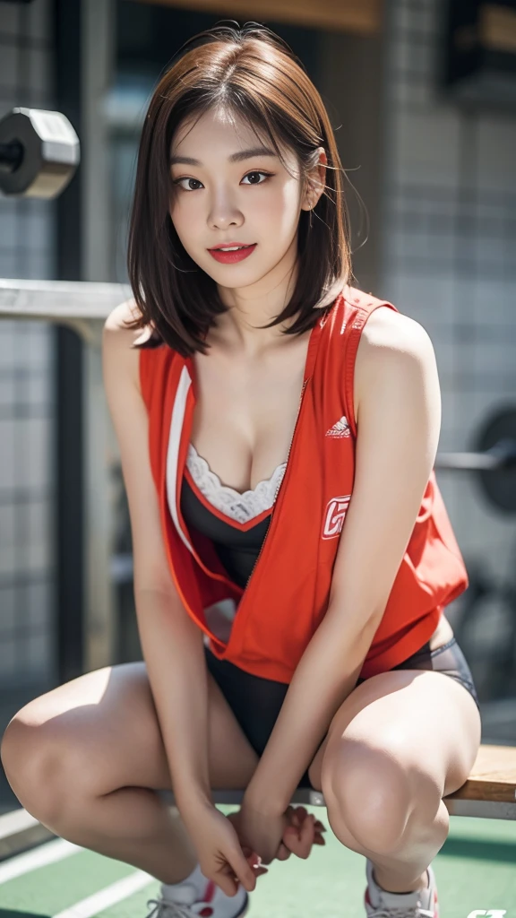 Highly detailed CG unity 8k wallpaper, of the highest quality, Super detailed, masutepiece, Realistic, photographrealistic, extremely detailed cute girl, 25yo, cleavage , (perspired) ,  Round eyes, peeping at the viewer,  Blush, Smile, parted lip, Semi-body shot , Realistic、track suit、Realistic reproduction with vests ,  Panties , Squat, sports gym, short  hair 