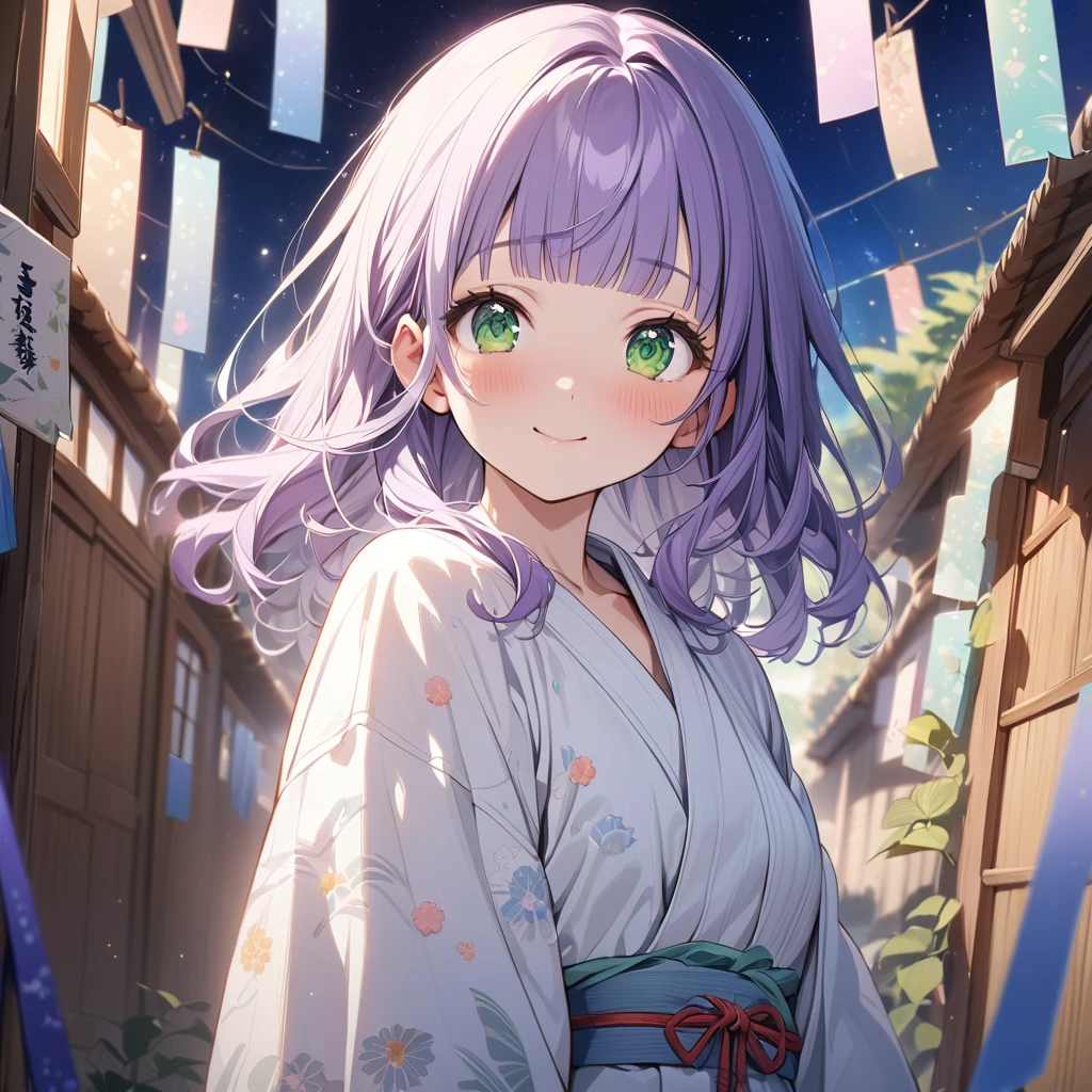 masterpiece, ultra detailed, 8K, a girl, kawaii, light atmosphere, (Cute a tsundere girl:1.5), anime visual, (tilt head:1.3), extremely delicate face, realistic lighting and shading, (an extremely delicate and beautiful art:1.3), a girl,blush,Japanese-style white colored yukata, cowboy shot, pale purple hair, blunt bangs hair, green eyes, indigo-colored Oshima Tsumugi, smiling ,The Milky Way in the night sky, Tanabata decorations, and a girl looking up at the Milky Way, from behind,