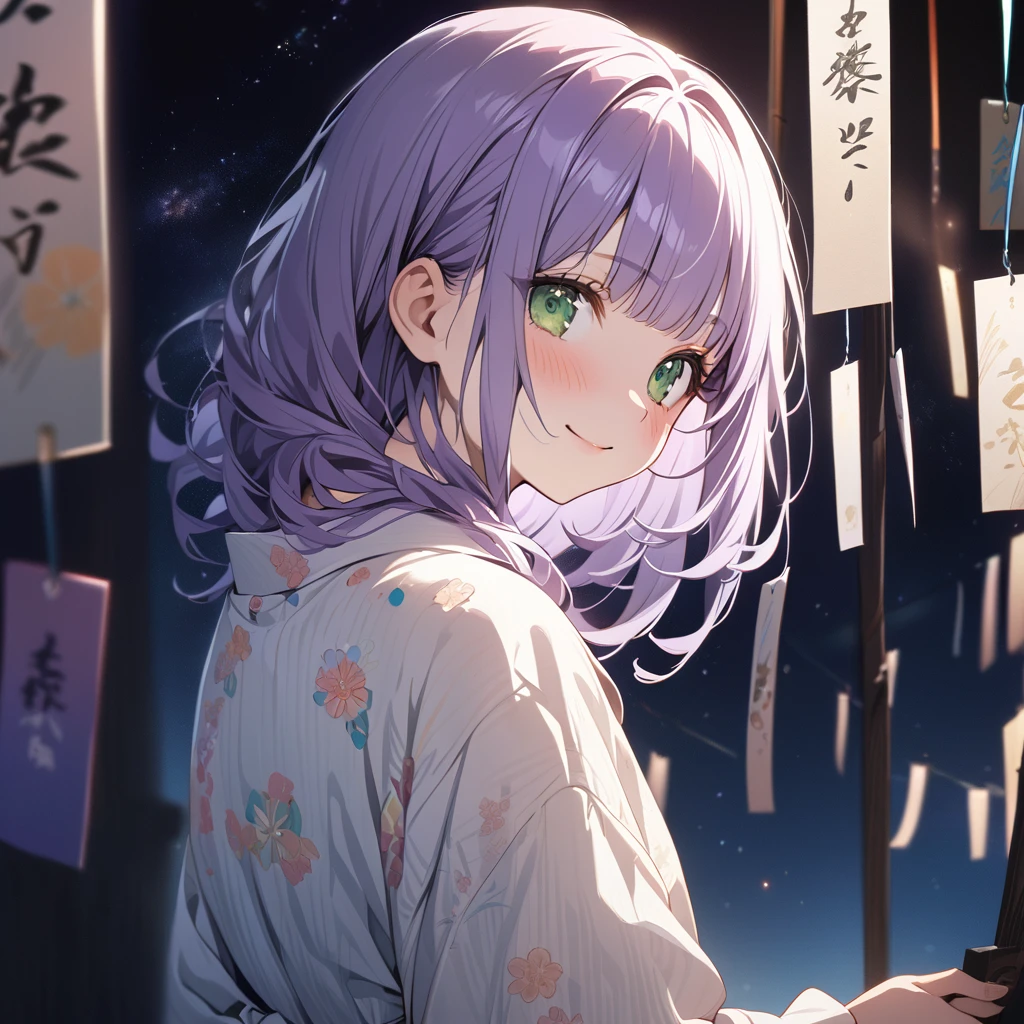 masterpiece, ultra detailed, 8K, a girl, kawaii, light atmosphere, (Cute a tsundere girl:1.5), anime visual, (tilt head:1.3), extremely delicate face, realistic lighting and shading, (an extremely delicate and beautiful art:1.3), a girl,blush,Japanese-style white colored yukata, cowboy shot, pale purple hair, blunt bangs hair, green eyes, indigo-colored Oshima Tsumugi, smiling ,The Milky Way in the night sky, Tanabata decorations, and a girl looking up at the Milky Way, from behind,