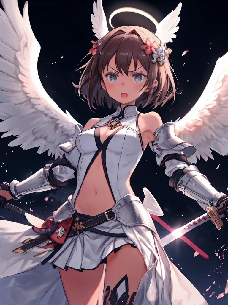 fantasy, 1angel_girl, low_, dark_brown_hair,long_bangs, (dark_skin)+, bare_shoulder, navel out, thighhighs,silver_shiny_armor, white_clothes,waist_armor, Glebe, hold_swords_emits_light, medium_breasts, dynamic_flying_pose,Floating, (1pair_white_wings:1.2),(pelvic_curtain:1.3), silver_Headgear ,looking_down_at_sunset_city_sky_background,,slightly_spread_legs, some_swords_emits_light,some_swords_emits_light_floating_around_the_girl,solo,glare_halo,angry,shout,open_mouth,open_legs,open_arms,rise_knee,rise_leg,rise_thigh,rise_leg,forward_leaning_posture,apart_legs,