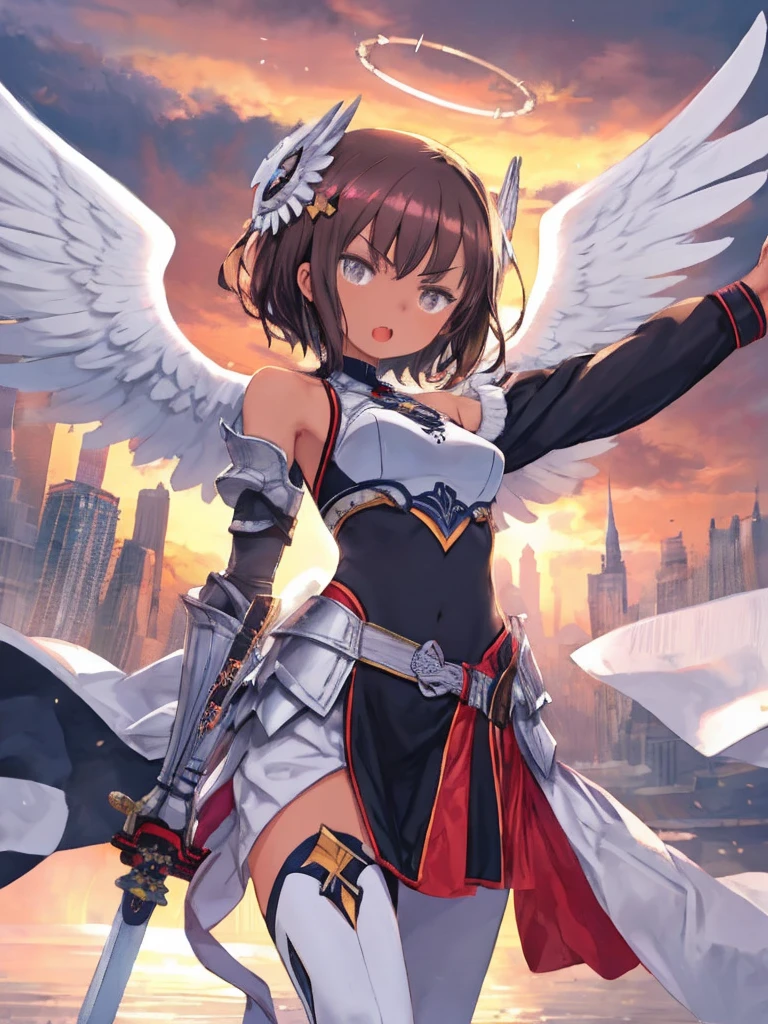 fantasy, 1angel_girl, low_teen, dark_brown_hair,long_bangs, (dark_skin)+, bare_shoulder, navel out, thighhighs,silver_shiny_armor, white_clothes,waist_armor, Glebe, hold_swords_emits_light, medium_breasts, dynamic_flying_pose,Floating, (1pair_white_wings:1.2),(pelvic_curtain:1.3), silver_Headgear ,looking_down_at_sunset_city_sky_background,,slightly_spread_legs, some_swords_emits_light,some_swords_emits_light_floating_around_the_girl,solo,glare_halo,angry,shout,open_mouth,open_legs,open_arms,rise_knee,rise_leg,rise_thigh,rise_leg,forward_leaning_posture,apart_legs,