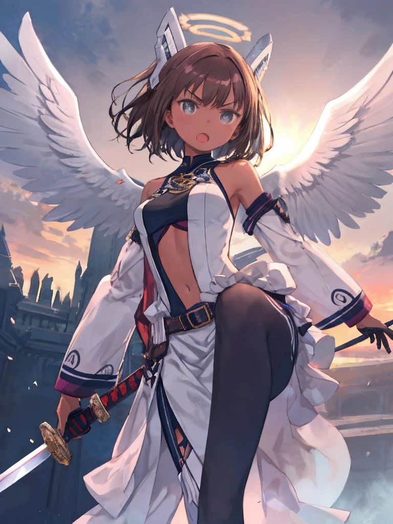fantasy, 1angel_girl, low_teen, dark_brown_hair,long_bangs, (dark_skin)+, bare_shoulder, navel out, thighhighs,silver_shiny_armor, white_clothes,waist_armor, Glebe, hold_swords_emits_light, medium_breasts, dynamic_flying_pose,Floating, (1pair_white_wings:1.2),(pelvic_curtain:1.3), silver_Headgear ,looking_down_at_sunset_city_sky_background,,slightly_spread_legs, some_swords_emits_light,some_swords_emits_light_floating_around_the_girl,solo,glare_halo,angry,shout,open_mouth,open_legs,open_arms,rise_knee,rise_leg,rise_thigh,rise_leg,forward_leaning_posture,apart_legs,