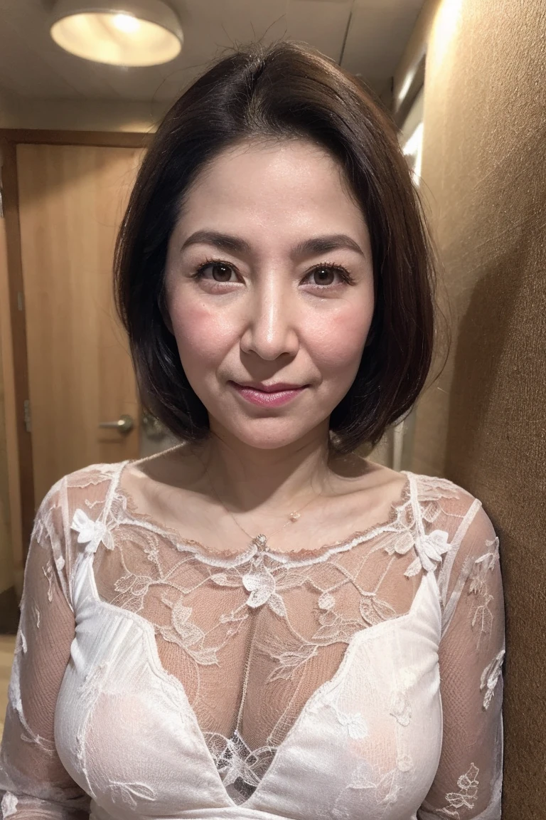 In 8K、Raw photo、Highest quality、Realistic、Photorealistic、Professional Lighting、masterpiece、Very delicate and beautiful woman).A woman standing at the entrance to my hotel room, Waiting for me.3/4 Body Photos.Sexy, black, Sheer lace mesh bodysuit, pantyhose. 55 years old. Has J-cup breasts.Slender beautiful woman,Looking Camera,Sexy顔.Swimwear.ハイレグSwimwear, Intricate details, Detailed face, Chrono White Skin, Wrinkles around the eyes, Detailed skin,