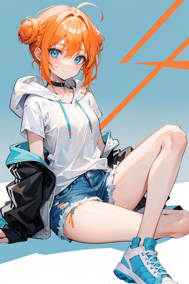 (masterpiece), 1girl, best quality, expressive eyes, perfect face, short hair, messy hair, ahoge, red hair BREAK (heterochromia), Green eye BREAK right blue eye BREAK Navel, tomboy, orange shirt BREAK large_boobs, yellow skirt BREAK sneakers, smile, grin, abstract background, blue background, stars symbol, sparkles, standing