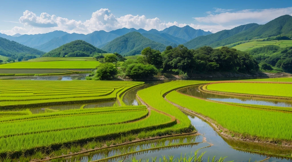 Japanese countryside、Mountain、river、sun、Paddy field