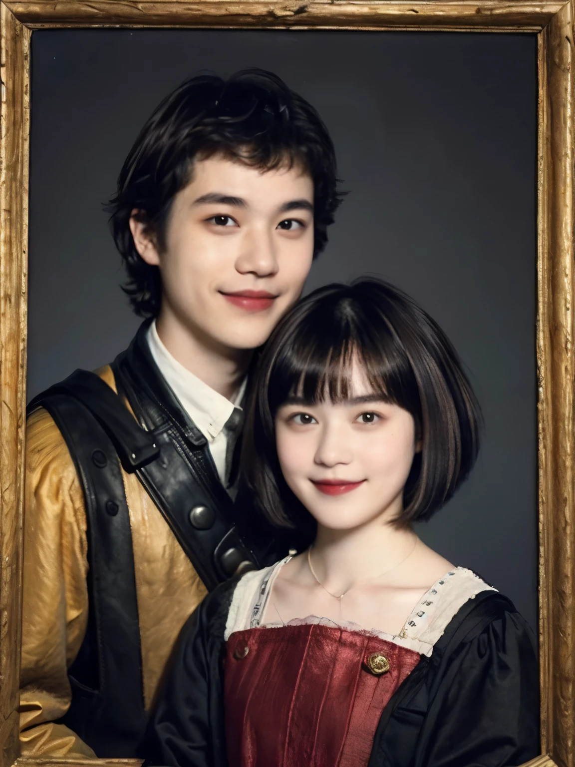 252 (An 18-year-old female and an 18-year-old male), (short hair),kind, lipstick, (Rembrandt-style painting), smile