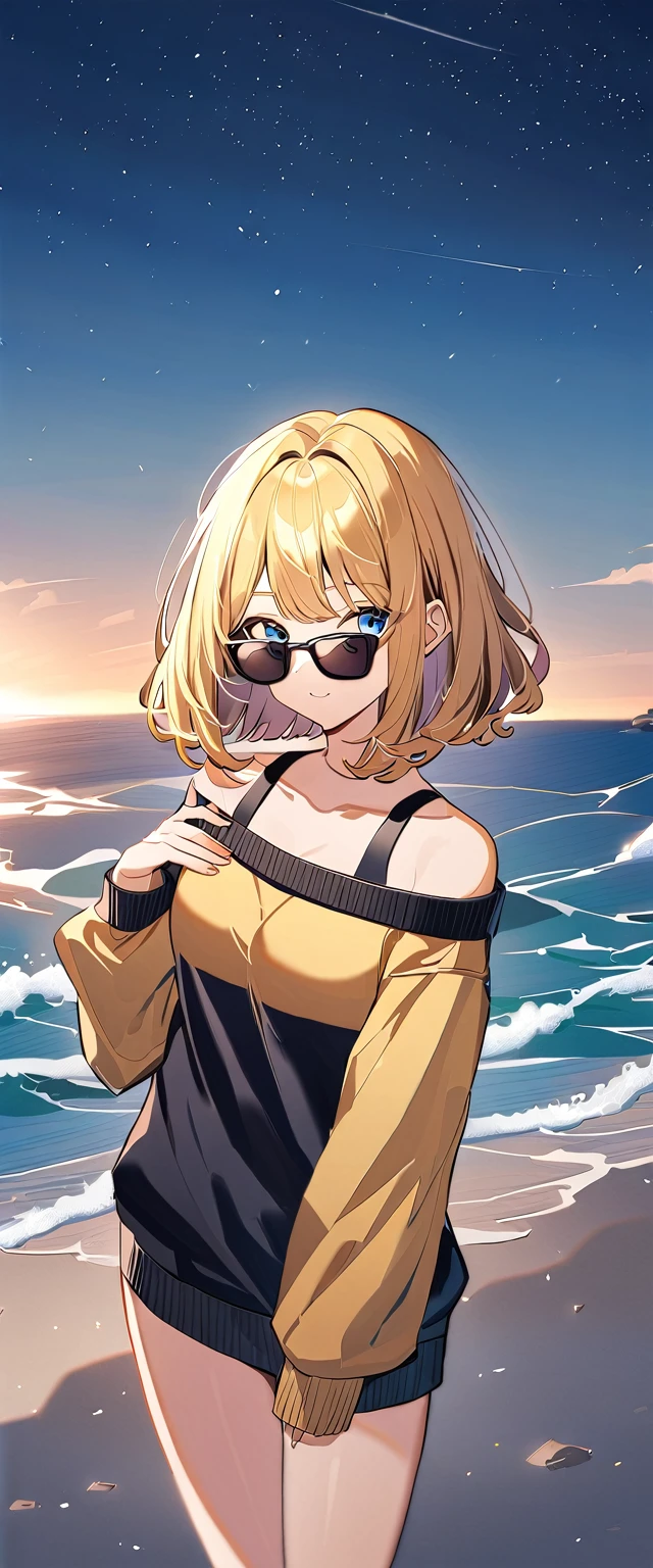 ((sea, beach)), bare legs, ((starly sky)), (((sunglasses, hand to sunglasses))), (((cowboy shot))), ((wavy hair, inward curled hair)), (()), ((blond hair, bob cut:1.3)), breasts, teenager, (looking at viewer), oversized clothes, puffy long sleeves, ((off-shoulder sweater:1.3, Quite thick shoulder straps)), ((black sweater)), collarbone, head tilt:1.3, (((blue eyes))), ((happy smile)), (((anime style))), (best quality, 4K, 8K, highres, masterpiece:1.2, ultra-detailed, ultra-detailed eyes, HDR, uhd, studio lighting, ultra-fine painting, sharp focus, physically-based rendering, extreme detail description, professional, vivid colors, bokeh)