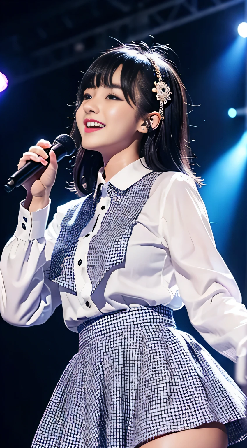 Japanese、１８Year、Black Hair、Medium Hair、Height 150ｃｍ、、Small face、
（Singing on stage）、Singing with a microphone in his right hand
(Small breasts)、
White long sleeve blouse、High waisted blue checkered long skirt、High heels、smile、Cowboy Shot、
