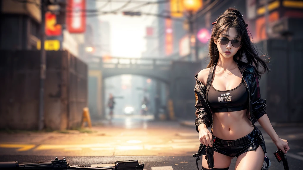 8k, Realistic Skin Texture, Realistic Photo, Neo Tokyo, slim women, large-breast:1.4 cleavage:1.3, AD2050 at night, Dirty hunting jacket, Wearing tube top, miniskirt, (((black sunglasses, automatic rifle, sneakers, cold, shooting pose, very low angle view))), Innovative composition, revenge, cyberpunk, blade runner worldview, Large neon sign, Geisha hologram sign, Strong Wakamoto Sign.