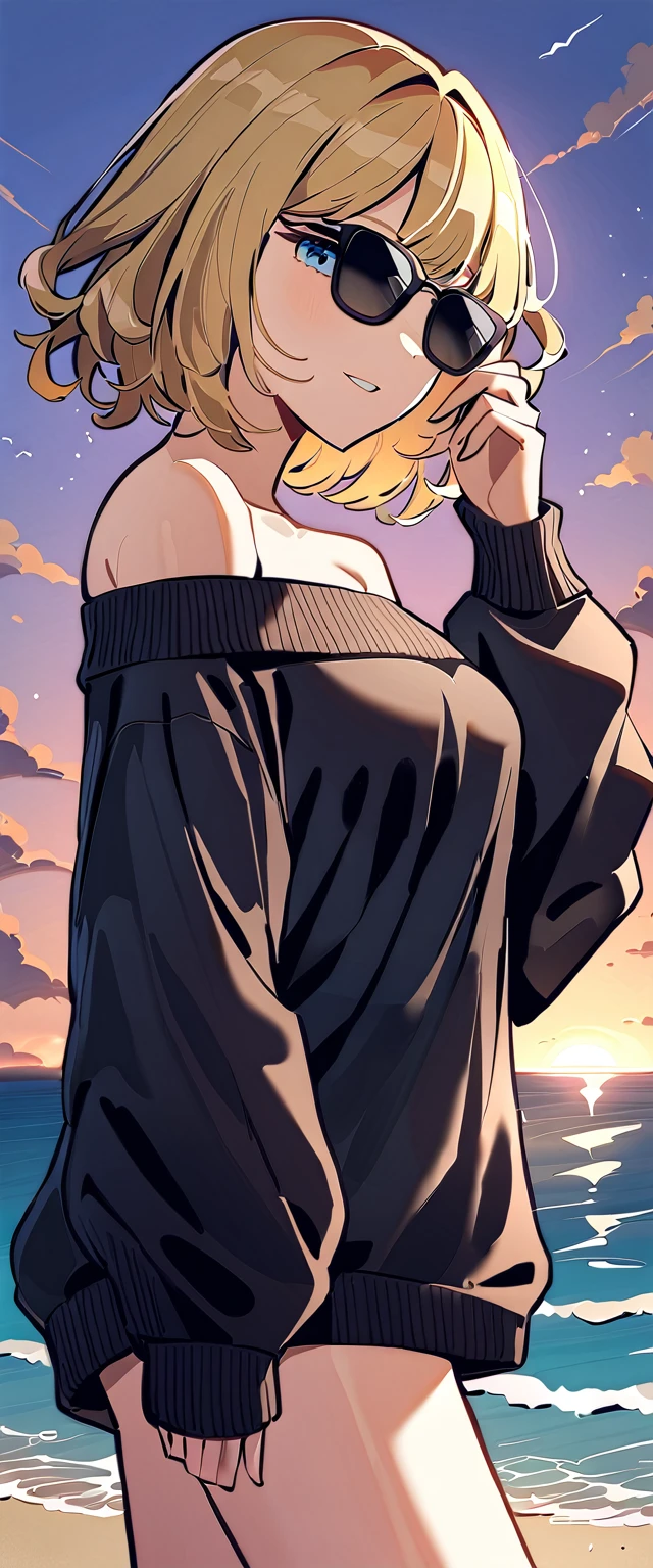 ((sea, beach)), bare legs, (()), (((sunglasses, hand to sunglasses))), (((upper body))), ((wavy hair, inward curled hair)), evening, ((Sunset)), ((blond hair, bob cut:1.3)), breasts, ager, (looking at viewer), oversized clothes, puffy long sleeves, ((off-shoulder sweater:1.3, Quite thick shoulder straps)), ((black sweater)), collarbone, head tilt:1.3, (((blue eyes))), ((happy smile)), (((anime style))), (best quality, 4K, 8K, highres, masterpiece:1.2, ultra-detailed, ultra-detailed eyes, HDR, uhd, studio lighting, ultra-fine painting, sharp focus, physically-based rendering, extreme detail description, professional, vivid colors, bokeh)