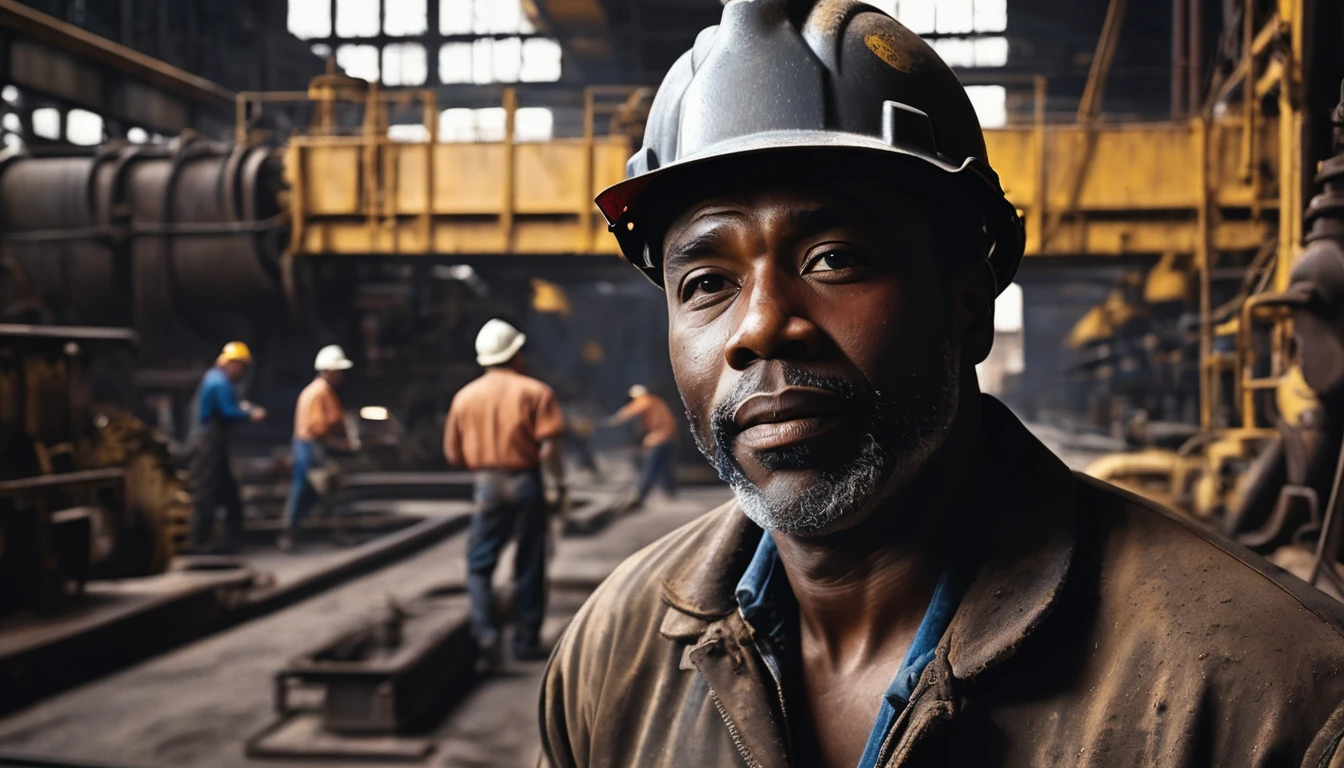 a black man working at republic steel from 1953 to 1992, steel mill, machinery, fellow workers, hardworking, dedicated, (best quality,4k,8k,highres,masterpiece:1.2),ultra-detailed,(realistic,photorealistic,photo-realistic:1.37),industrial, gritty, moody lighting, dramatic shadows, warm tones, cinematic, detailed facial features, muscular build, working class, grease and dirt on clothes, intense expression, focused on task