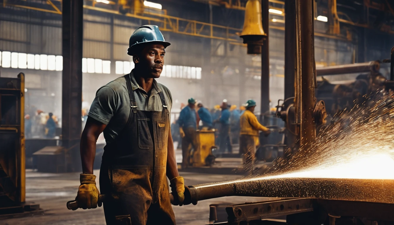 a black man working at republic steel from 1953 to 1992, steel mill, machinery, fellow workers, hardworking, dedicated, (best quality,4k,8k,highres,masterpiece:1.2),ultra-detailed,(realistic,photorealistic,photo-realistic:1.37),industrial, gritty, moody lighting, dramatic shadows, warm tones, cinematic, detailed facial features, muscular build, working class, grease and dirt on clothes, intense expression, focused on task