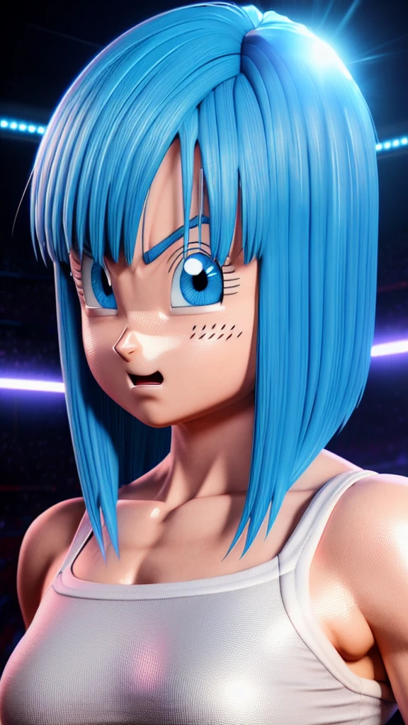 Bulma, blue eyes, highly detailed, incredibly realistic, perfect face and body, spiked hair, determined expression, dynamic pose, photorealistic, 8k, hyperrealistic, cinematic lighting, dramatic shadows, vibrant colors, masterpiece.