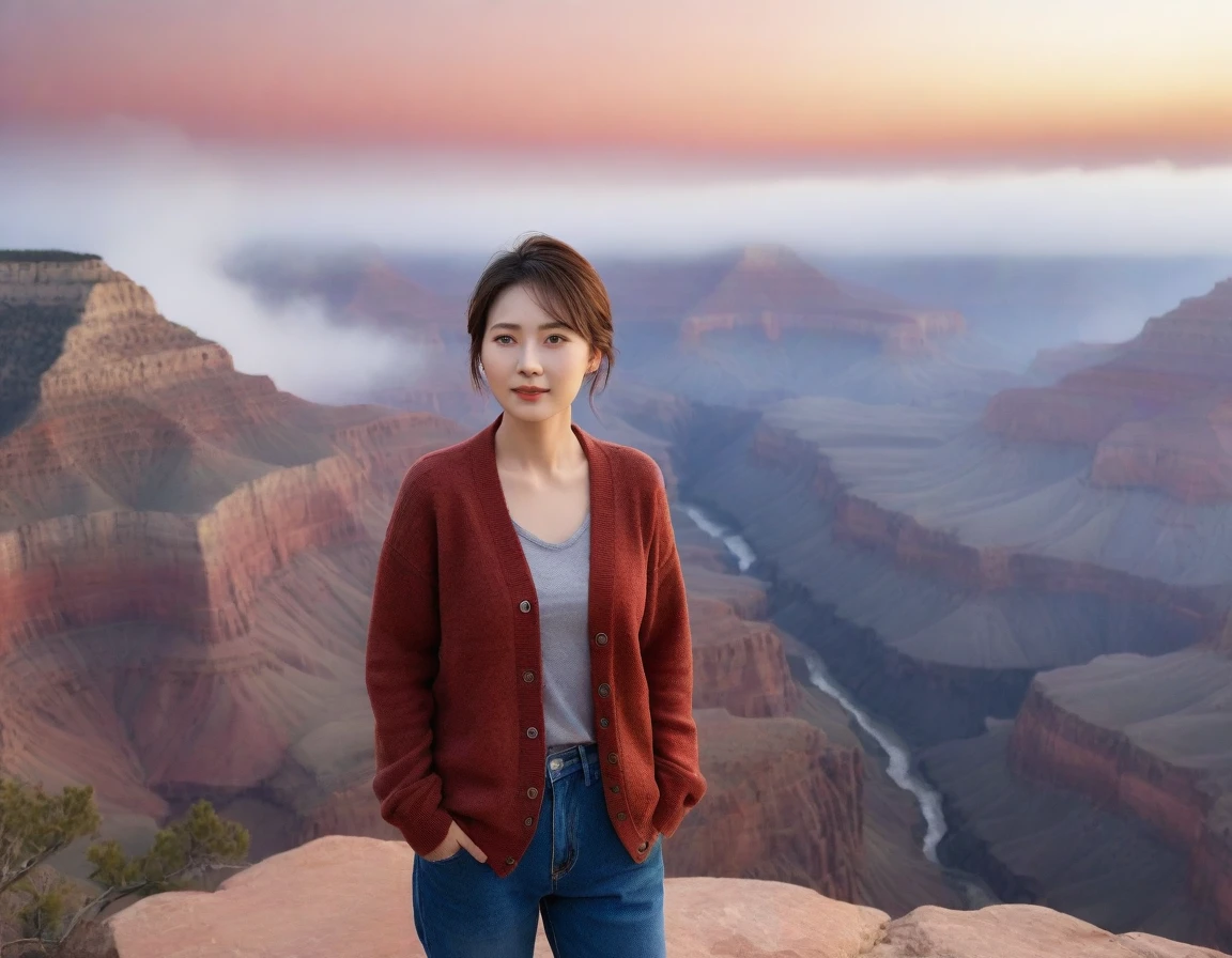k Best picture quality, Beautiful 36-year-old Korean woman, short and good weather. Chest size 34 inches, View of the Grand Canyon Canyon in Colorado, USA ,A red-colored sunrise with thick fog, Back background realistic and vivid image quality, Short and medium hair blowing in the wind, Wearing comfortable travel clothes, jeans and a cardigan., Faint smile. The background is clear, Short and slim Korean woman, Standing in the distance, photographed with a wide-angle lens, full body shot