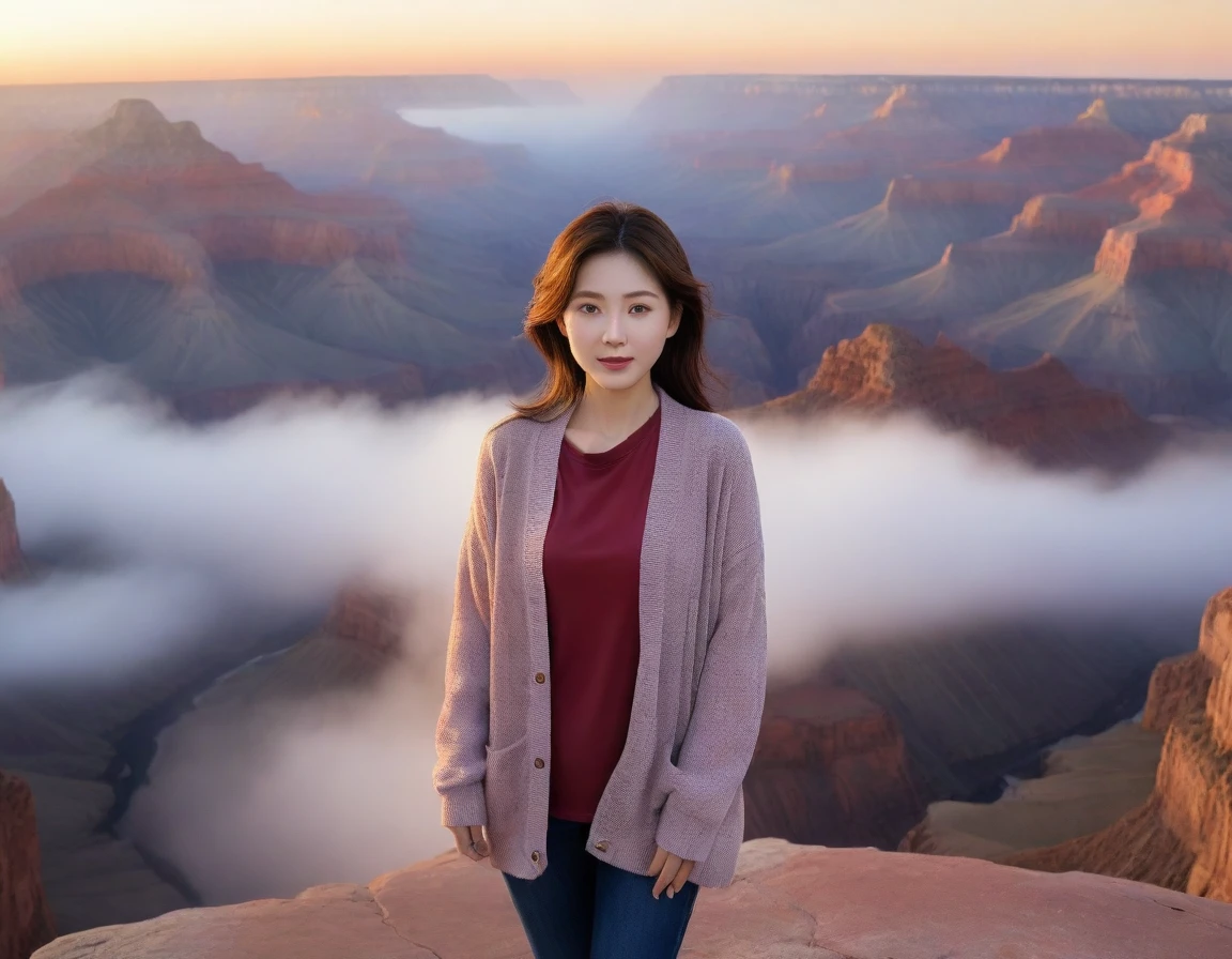 k Best picture quality, Beautiful 36-year-old Korean woman, short and good weather. Chest size 34 inches, View of the Grand Canyon Canyon in Colorado, USA ,A red-colored sunrise with thick fog, Back background realistic and vivid image quality, Short and medium hair blowing in the wind, Wearing comfortable travel clothes, jeans and a cardigan., Faint smile. The background is clear, Short and slim Korean woman, Standing in the distance, photographed with a wide-angle lens, full body shot