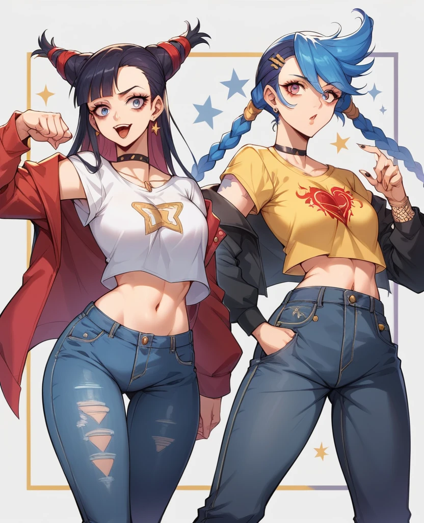 em uma praia com grande luar elementos sombrios style, modern jinx lol + Girl Sasuke sexy decote big tits red  gold  black gold lux dark seda short tshirt jeans Stars tattoo, expressive pose, urbanpunk, multi-layered perfect texture background, neo-expressiom