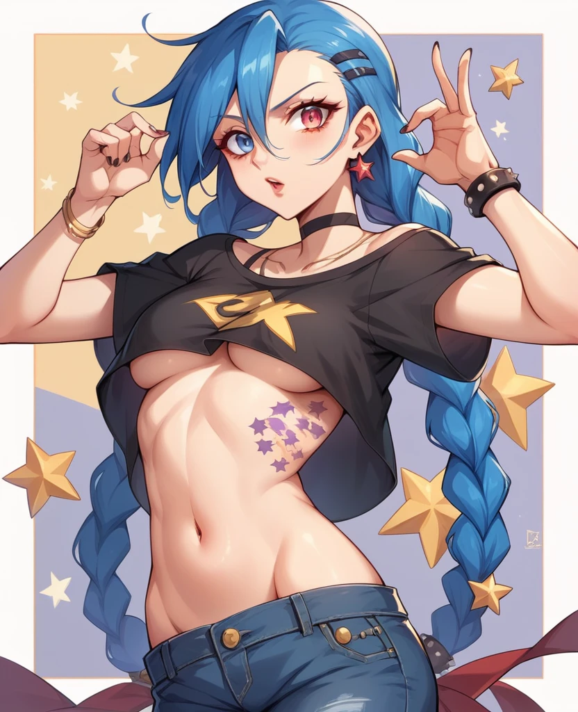 em uma praia com grande luar elementos sombrios style, modern jinx lol + Girl Sasuke sexy decote big tits red gold black gold lux dark seda short tshirt jeans Stars tattoo, expressive pose, urbanpunk, multi-layered perfect texture background, neo-expressiom