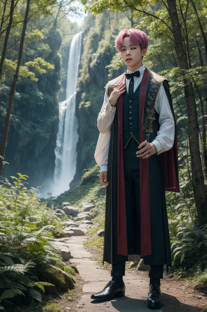 Jimin from BTS dressed up as a wizard in a forest 