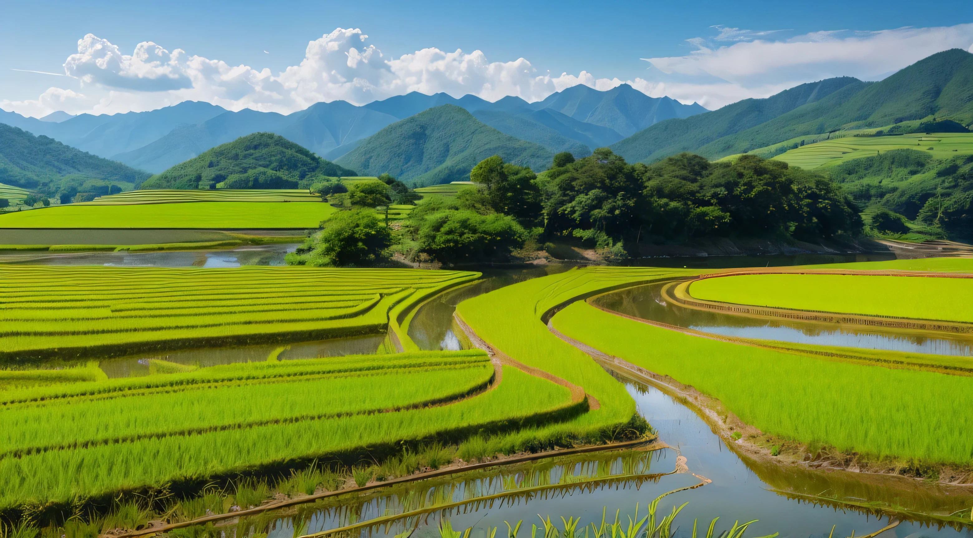 Japanese countryside、Mountain、river、sun、Paddy field