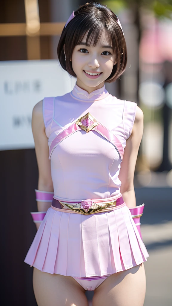 a closeup, masterpiece, top-quality, FULL ANATOMY、Raw foto, Photorealsitic、(Cute little face:1.7)、(Very cute smile:1.8)、(with round face:1.8)、(She has a cute face like an idol、double tooth:1.3), A dark-haired、(Pink Ranger:2), depth of fields, hight resolution, ultra-detailliert, finely detail, ighly detailed, extremely detailed eye and face, Realistic pupils, sharp focus, Cinematic lighting、Big Bust、19-year-old woman、(One lady、solo:1.3)、sexy pose、 bob cuts、Curly hair、Patsun bangs、Very detailed 8k wallpaper、(Plaid pleated skirt)、Show me your whole body、is standing、Angle from below、(Thigh close-up、Nice figure、big breasts thin waist、Kubire、Cameltoe)、depth of fields、Bokeh in the background
