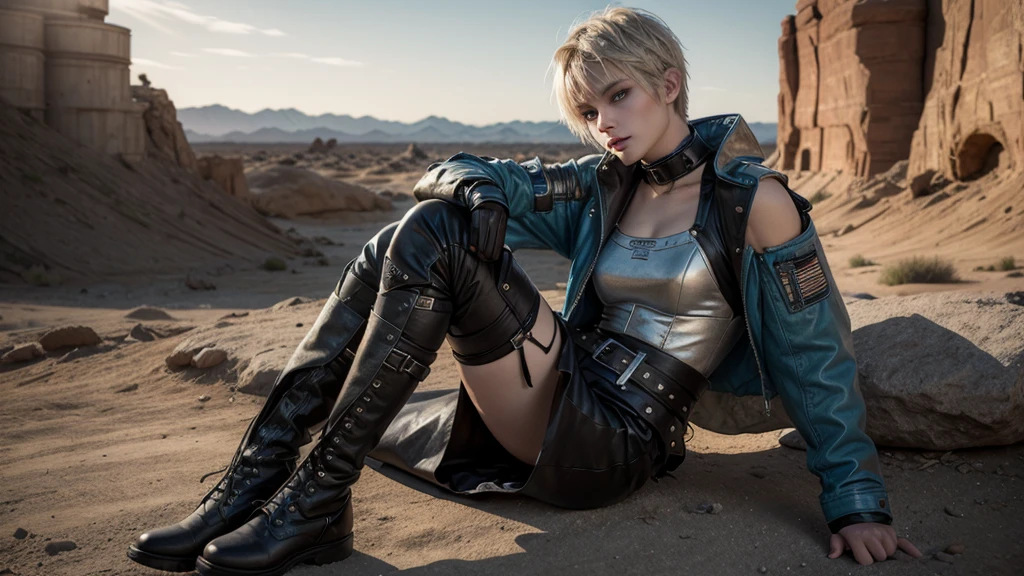 An androgynous woman with blue eyes and short blonde hair wearing a detailed leather armor outfit traversing the Mojave wasteland. The outfit should be black and form-fitting, covering the entire body. It features patchwork reinforced padding and visible chaotic, slapdash stitching on the elbows, knees, and shoulders for additional protection. The leather appears worn and rugged, with a vintage look. The jacket is a repurposed motorcycle jacket with an asymmetrical front zipper and collar. It has a wide belt around the waist with pouches and attachments. The sleeves have segmented armor pieces, especially on the forearms, and one arm has an arm brace. The pants have knee pads and straps around the thighs and calves. The high, sturdy boots are designed for rough terrain. The overall design is practical and protective, with a stylish, post-apocalyptic aesthetic.